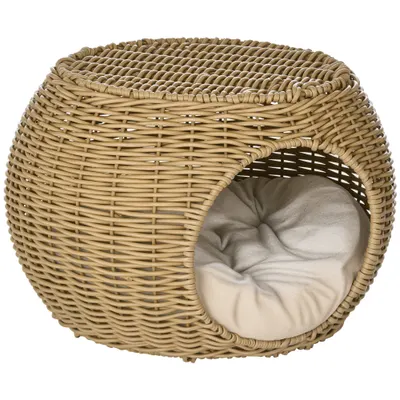 PawHut Niche coș casă pentru pisici 2 etaje din rășină împletită aspect răchită cu 1 pernă moale Ø 40 x 30 cm maro deschis | Aosom Romania