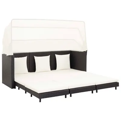 vidaXL Canapea extensibilă cu 3 locuri, cu acoperiș, negru, poliratan