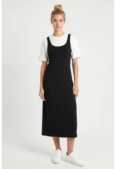 Rochie Midi - Happiness Istanbul - fara maneci - neagra - jerseu cu elastan