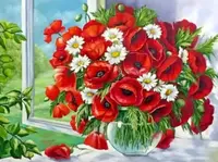 Pictură mozaic cu diamante MagicArt: Premium - Maci și margarete, 20 x 30 cm, cu mărgele rotunde + AB