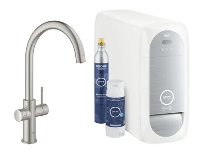 Set bucatarie Grohe Blue Home 31455DC1, 3/8, monocomanda, tip C, pipa inalta, filtare, racire, apa carbogazoasa, pivotanta, limitator, Otel satinat