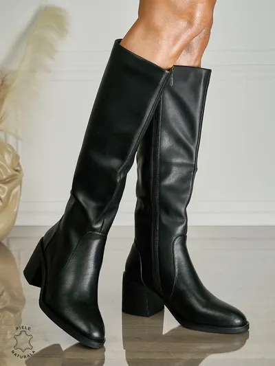 Botine Dama din Piele Naturala cu Toc Gros Crl1500 Negru