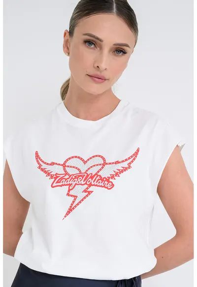 Tricou de bumbac cu imprimeu logo - Rosu vermillion/Alb murdar