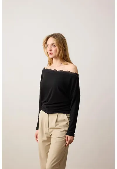 Bluza cu decolteu pe umeri si garnitura din dantela - Negru