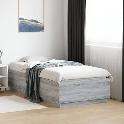 vidaXL Cadru de pat cu LED, gri sonoma, 90x190 cm, lemn prelucrat