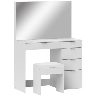 HOMCOM Set Masă de Toaletă cu Oglindă și 5 Sertare și Taburet de Machiaj Tapițat, 97,2x44,5x136,5 cm, Alb | Aosom Romania