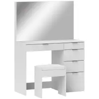 HOMCOM Set Masă de Toaletă cu Oglindă și 5 Sertare și Taburet de Machiaj Tapițat, 97,2x44,5x136,5 cm, Alb | Aosom Romania