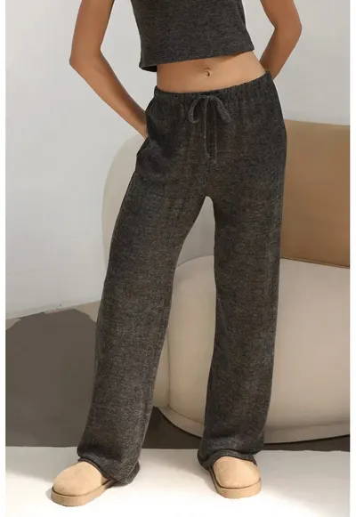 Pantaloni dama - tricotati - talie inalta - gri inchis - poliester