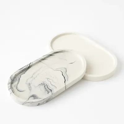 Tavă decorativă ovală din ceramică jesmonite – 2 mărimi - Marmorată gri / 23 cm