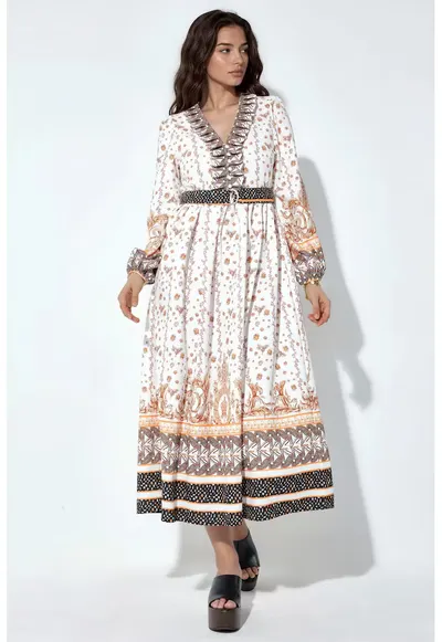 Rochie Maxi - Floral - Multicolor - Casual - cu curea - Maneci lungi