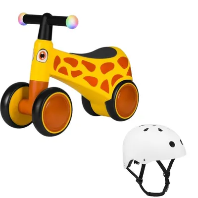 Bicicleta fara pedale, Lionelo, Sammy, Cu 4 roti, Din spuma EVA, Stabila, Manere moi, antiderapante, 12- 36 luni, Greutate maxima suportata 25 kg, Galben + Casca pentru copii, Reglabila 50-56 cm, Alb