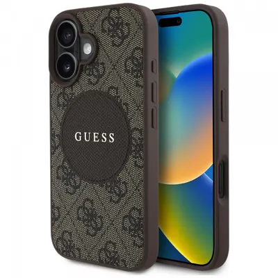 Husa MagSafe pentru Apple iPhone 16, Guess, 4G Circle Classic Logo, Maro