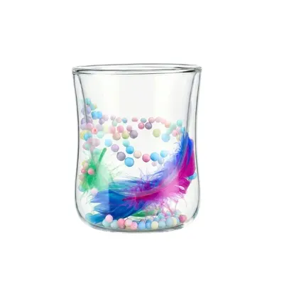 Pahar cu inserție de pene mov, verzi și biluțe colorate pastel, pereți dubli, sticlă borosilicată, 200 ml, Aurora Bloom