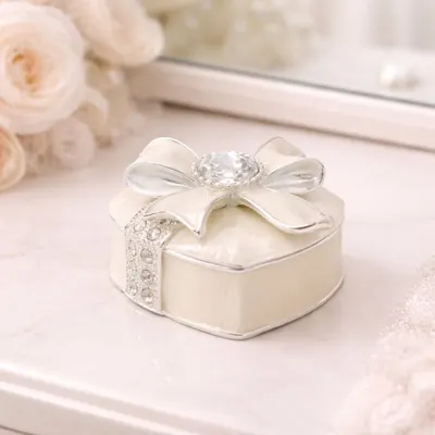 Cutie Bijuterii 5x5 cm în Formă de Cadou cu Fundă Elegantă și Stras AZAY – Casetă Bijuterii Premium, Cutie Inel, Cadou Femei cu Ambalaj