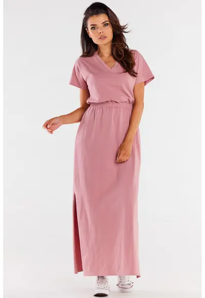Rochie maxi cu maneci scurte si insertie elastica in talie
