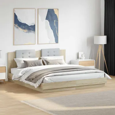 vidaXL Cadru de pat cu tăblie și lumini LED, stejar sonoma, 160x200 cm