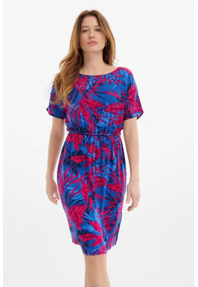 Rochie cu cordon in talie si model floral - Albastru royal/Rosu vermillion