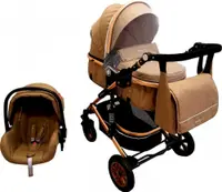 Carucior pentru copii Baby Care Pro 531 Maro Cappuccino 3 in 1 Transformabil, Cadru Aluminiu, Amortizoare, Roti din cauciuc, Spatar reglabil 3 trepte, Plasa insecte, Geanta