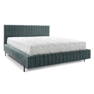 Pat matrimonial petrol tapițat cu spațiu de depozitare cu somieră 140x200 cm Plissa – ELTAP