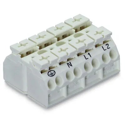 4-conductor chassis-mount terminal strip; suitable for Ex e II applications; 4-pole; PE-N-L1-L2; without ground contact; 1 snap-in foot per pole; 4 mm²; 4,00 mm²; white
