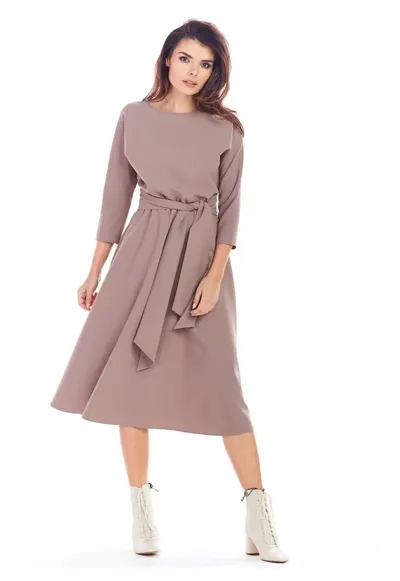 Rochie De Dama - Model Asimetric Cu Talie Marcata - Cappuccino - 96% Poliester 4% Elastan - Rochie Midi Eleganta - Croiala Fluida Cu Slit - Tinuta Luxoasa Casual Si De Seara - Super Confortabila - Fabricata In Polonia - Design Fashion - Cappuccino