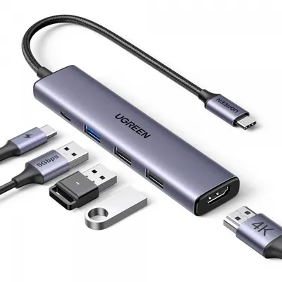 Hub Usb-C Ugreen Cm478, 1 X Usb-a 3.0 - 2 X Usb-a - 1 X Usb-C - 1 X Hdmi, Gri