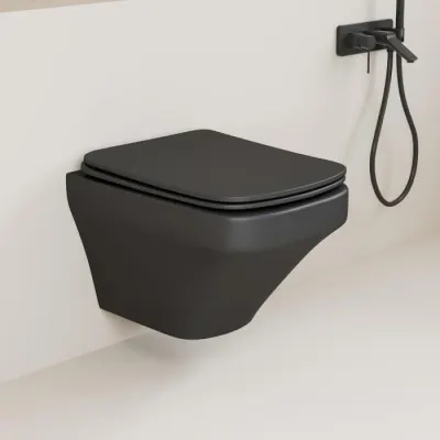 Set vas wc rimless suspendat negru mat, dreptunghiular, capac slim softclose, Foglia Bristol