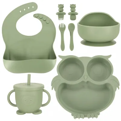 Set 8 piese diversificare hrana bebelusi, Ikonka, din silicon alimentar, durabile si flexibile, Bol si farfurie cu ventuze, tacamuri, Cana cu pai, model Green Owl
