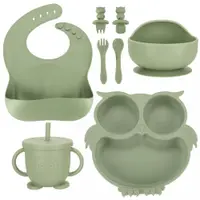 Set 8 piese diversificare hrana bebelusi, Ikonka, din silicon alimentar, durabile si flexibile, Bol si farfurie cu ventuze, tacamuri, Cana cu pai, model Green Owl