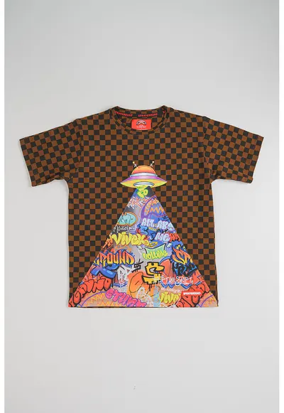 Tricou in carouri cu imprimeu grafic - Maro/Multicolor