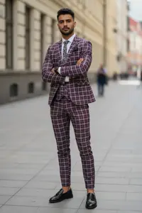 Costum barbati slim fit grena in carouri B7916 10-4