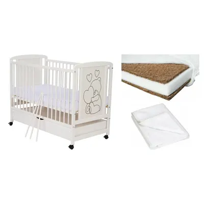 Set Patut din lemn bebe Qmini, Timmi Heart cu sertar, 120x60 cm, Alb + Saltea patut bebe, Cocos Confort II, Cu fibre de cocos si strat de burete, 120x60x10 cm + Protectie impermeabila, Pentru patuturi 120x60 cm, Alb