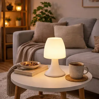 Lampă de masă LED, lumină caldă albă, funcționare pe baterii – design compact pentru decor interior