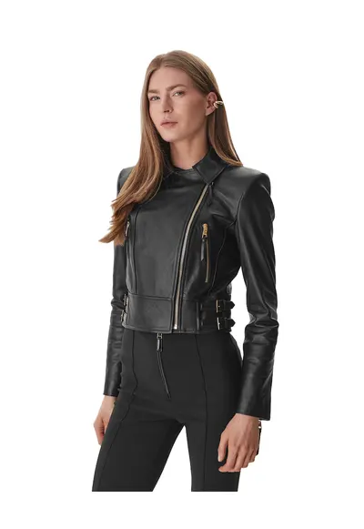 Geaca dama - piele naturala - neagra - fermoar - buzunare cu fermoar