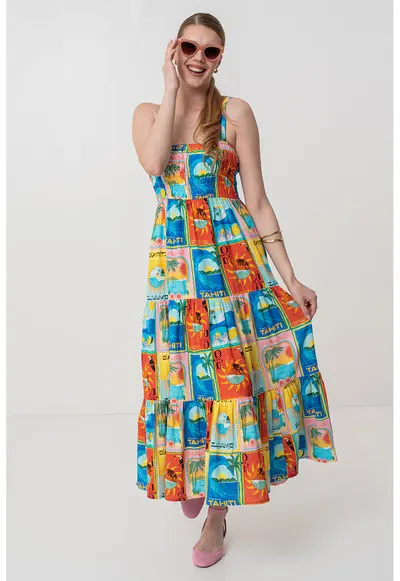 Rochie midi evazata cu model - Galben/Portocaliu/Albastru