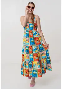 Rochie midi evazata cu model - Galben/Portocaliu/Albastru