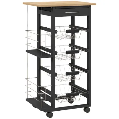 HOMCOM Carucior de Bucătărie cu Roți Carucior Multiusos cu Sertar 4 Coșuri Detașabile de Metal și Rafturi 47x37x83 cm Negru | Aosom Romania