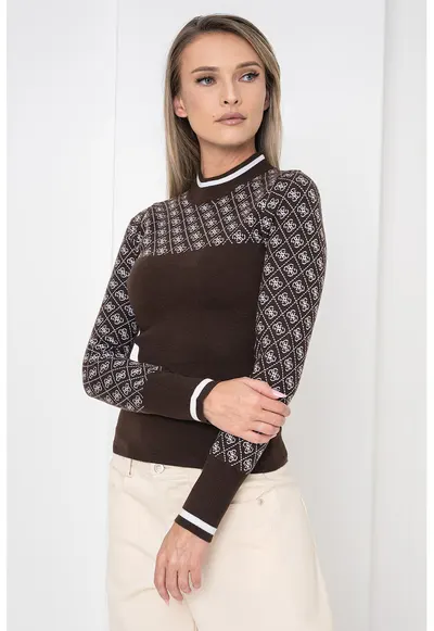 Pulover cu guler scurt si garnitura cu model - Alb/Maro inchis