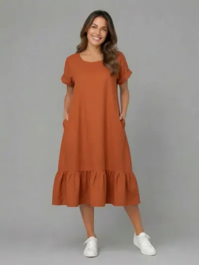 Rochie midi din in cu funda pe spate si volan amplu din batist, caramizie