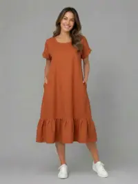 Rochie midi din in cu funda pe spate si volan amplu din batist, caramizie