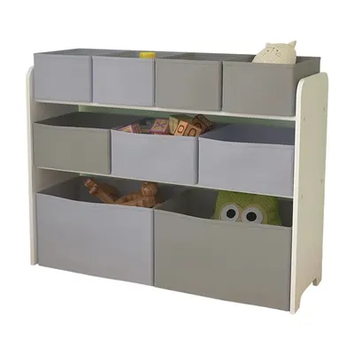 Organizator copii din lemn Ginger Home AlbGri pentru jucarii cu 2 cutii mari, 3 medii si 4 mici textile detasabile,colturi si margini rotunjite, dimensiuni 82,5x29,3x60 cm