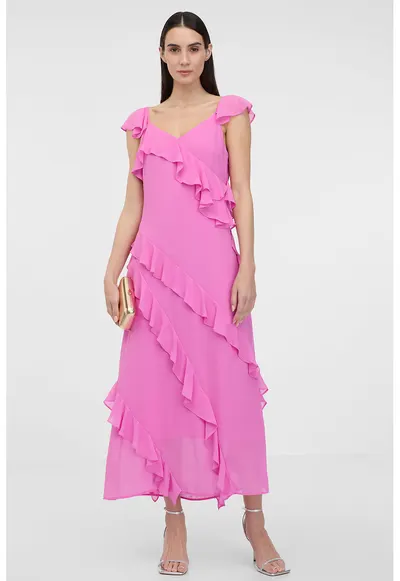 Rochie cu maneci scurte si volane - Roz orhidee