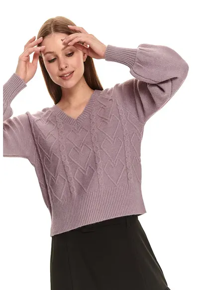 Pulover cu decolteu in V si model torsade - Violet prafuit