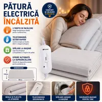 Patura Electrica Incalzita 150x80, moale, 3 trepte temperatura, 65 W, telecomanda, Alba