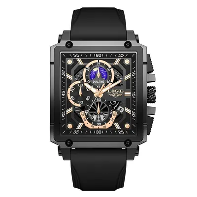 Ceas Bărbați Lige 89217 Negru-auriu - Design Sport, Funcții Multiple, Cronograf, Rezistent la Șocuri, Rezistent la Apă 3ATM