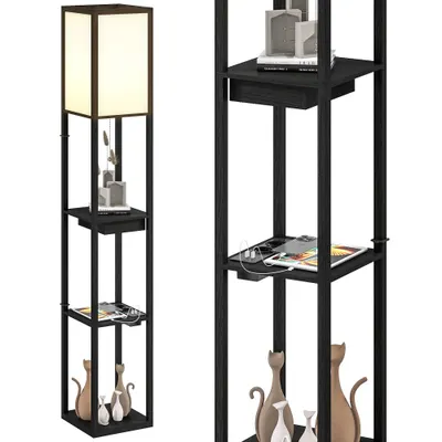 HOMCOM Lampadaire modern cu LED-uri și rafturi cu port USB A+C, comutator la picior pentru salon, cameră, birou, negru | Aosom Romania
