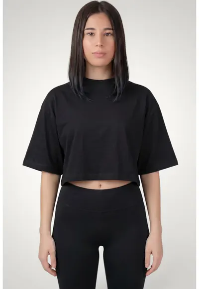 Tricou crop oversize de dama din bumbac premium - Negru