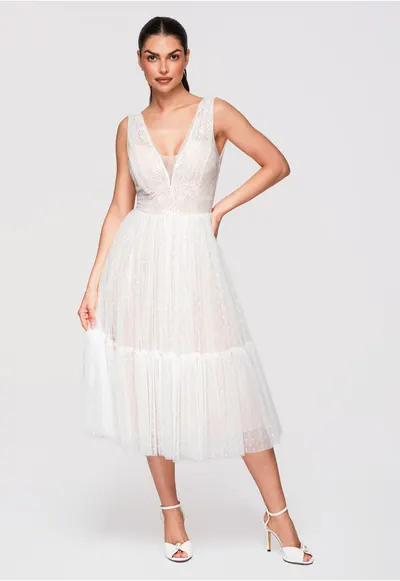 Rochie Midi Evazata Dantela si Tul Rochie Eleganta de Cocktail - Alb