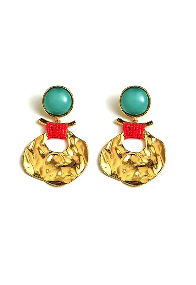 Cercei aurii - cu textura sifonata si pietre turquoise - Viviana C6