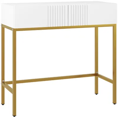 HOMCOM Masă Consolă cu 2 Sertare, Masă Modernă de Intrare cu Bază din Oțel în Ton Auriu, 80x31.5x75 cm, Alb | Aosom Romania